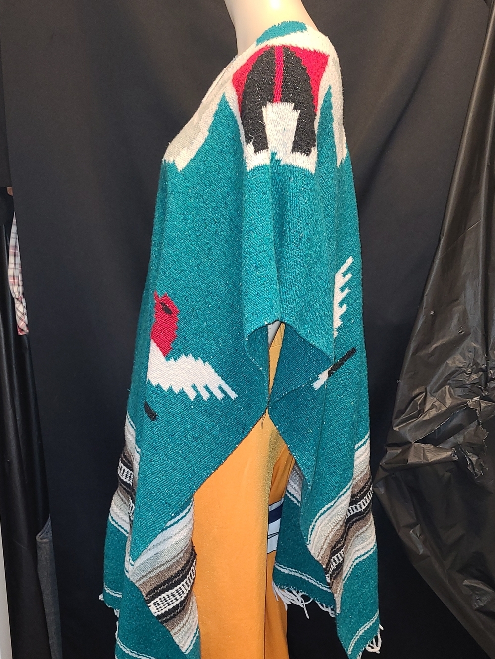 Teal Vintage Mexican Poncho - Picture 3 of 9